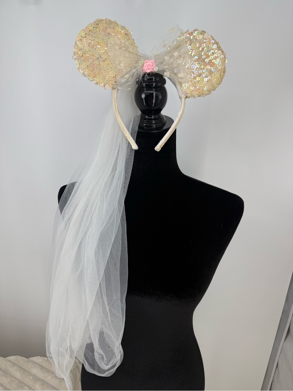 Disney Sequin Mouse Ear Headband with White Veil and Pink Rose